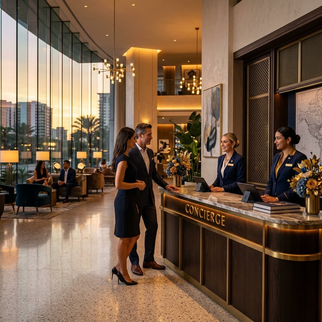 Bureau de conciergerie de luxe dans un hall haut de gamme avec un personnel professionnel
