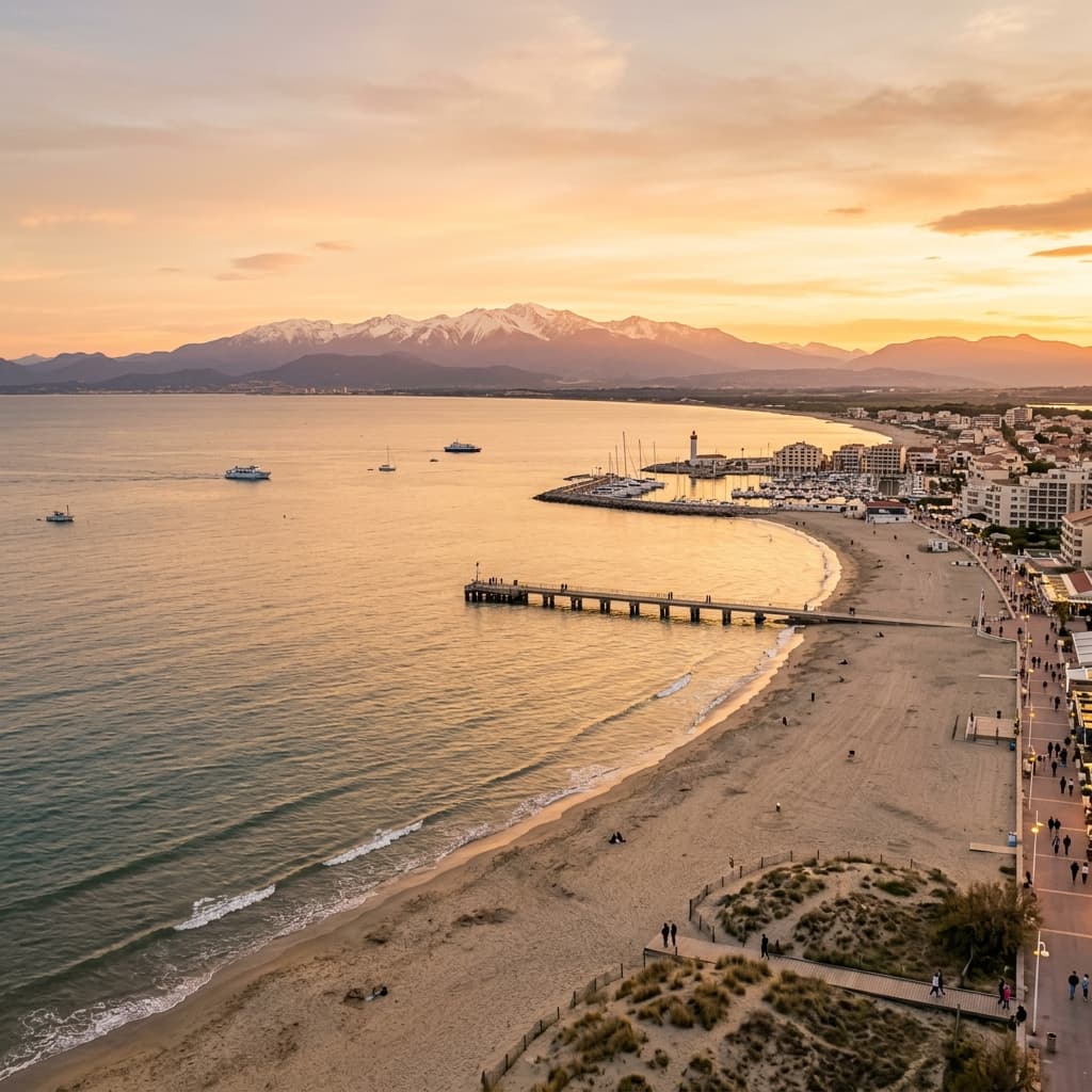 Vue imprenable sur la mer Méditerranée au Barcarès avec les Pyrénées enneigées au coucher du soleil